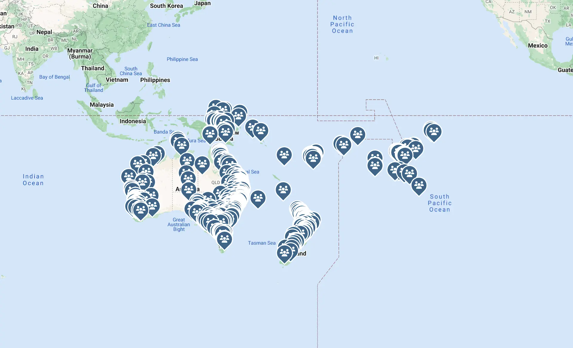 south pacific map with pins of sabbath-keeping churches